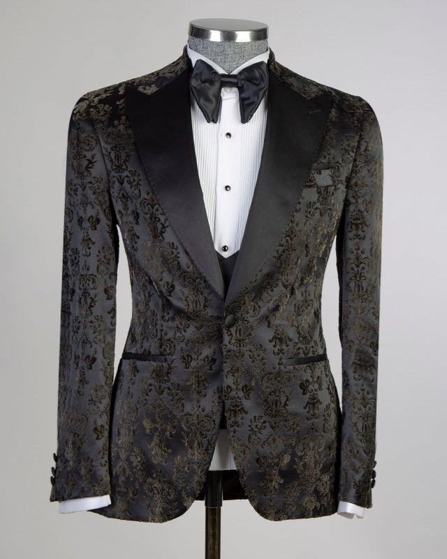 Fashion Black Jacquard 3 Pieces Stylish Prom Men Suits