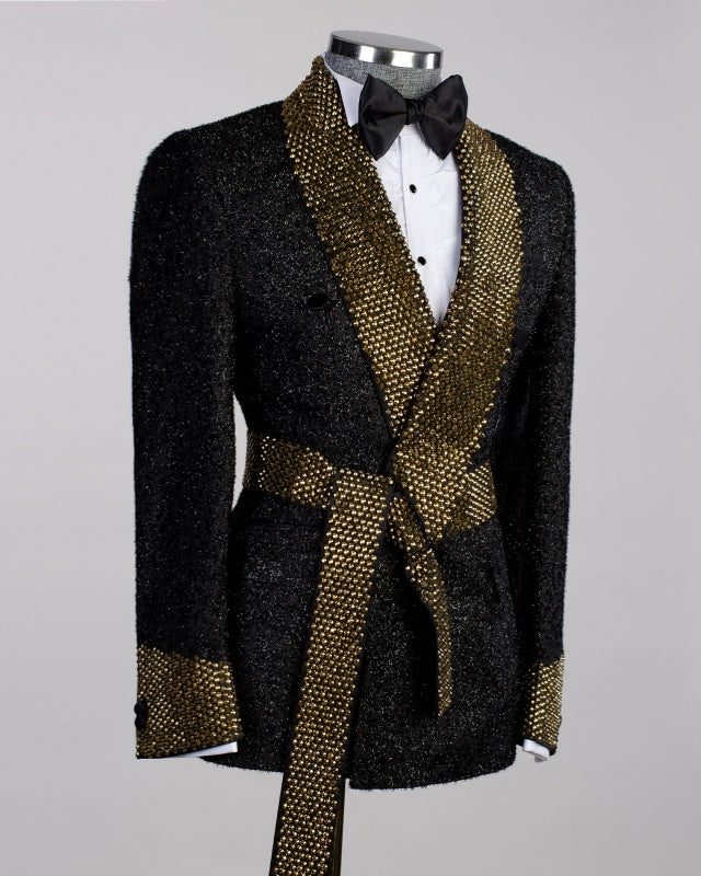 Chic Black Sequins Shawl Lapel Prom Suits With Gold Beading Belt