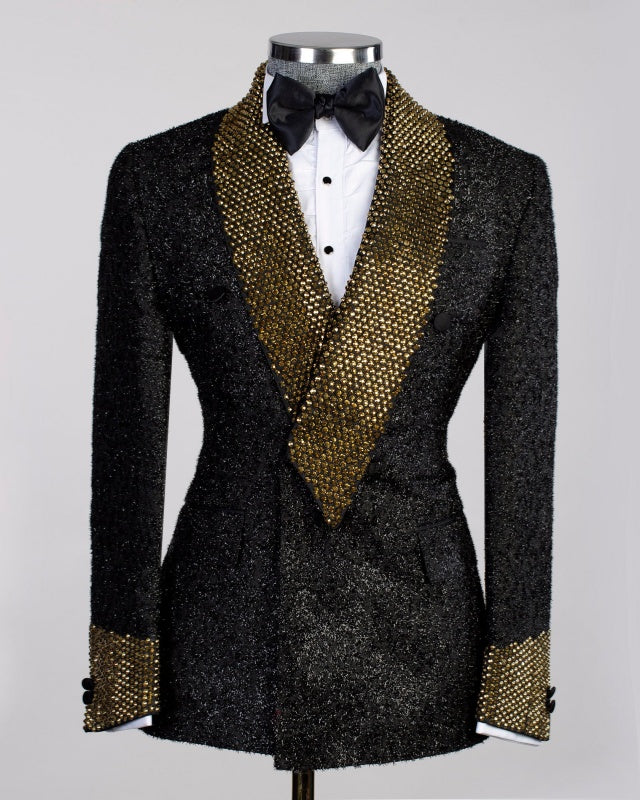 Chic Black Sequins Shawl Lapel Prom Suits With Gold Beading Belt