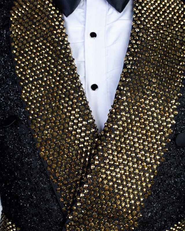 Chic Black Sequins Shawl Lapel Prom Suits With Gold Beading Belt
