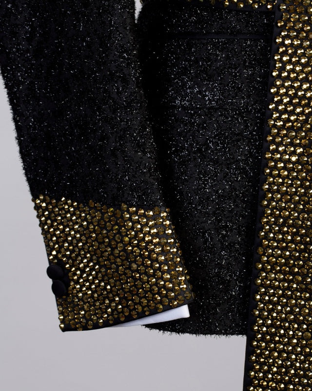 Chic Black Sequins Shawl Lapel Prom Suits With Gold Beading Belt