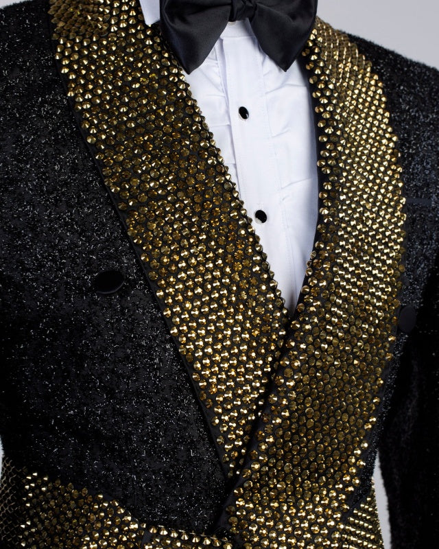 Chic Black Sequins Shawl Lapel Prom Suits With Gold Beading Belt