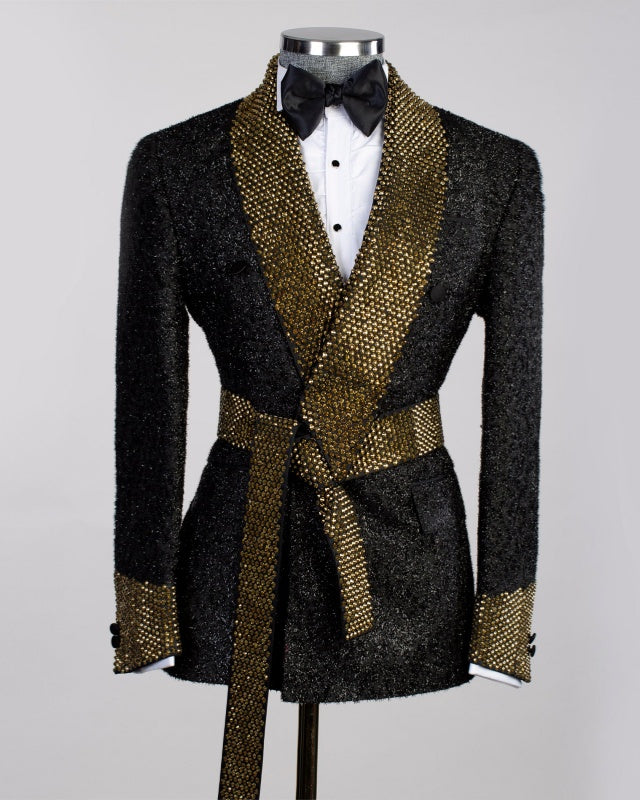 Chic Black Sequins Shawl Lapel Prom Suits With Gold Beading Belt