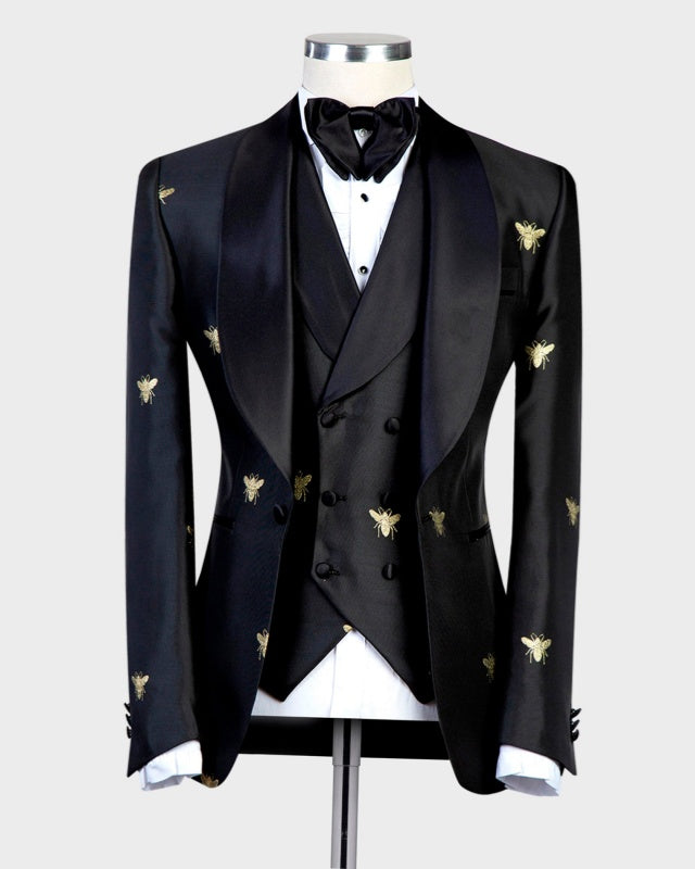 Glamorous Black Jacquard 3 Pieces Prom Men Suits