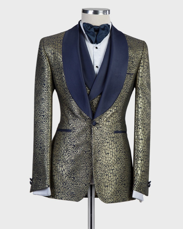 Bespoke Gold Jacquard 3 Pieces Fashion Prom Suits For Men