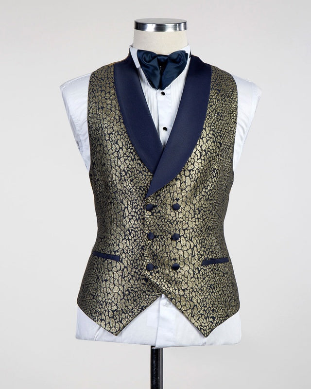 Bespoke Gold Jacquard 3 Pieces Fashion Prom Suits For Men