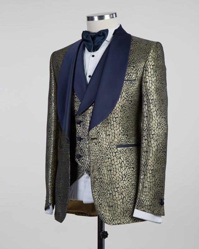 Bespoke Gold Jacquard 3 Pieces Fashion Prom Suits For Men