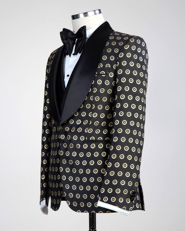 Fancy Black 3 Pieces Shawl Lapel Prom Suits With Gold Circles Jacquard