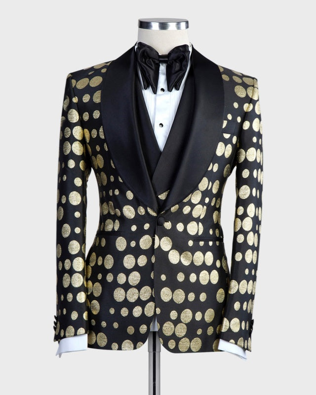 Newest Black 3 Pieces Prom Suits With Gold Jacquard