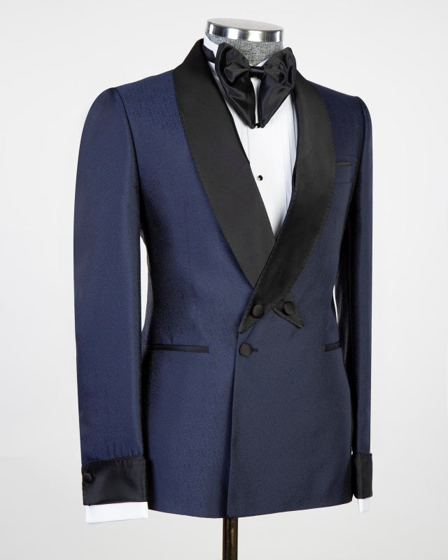 Chic Navy Blue Jacquard Double Breasted Prom Men Suits