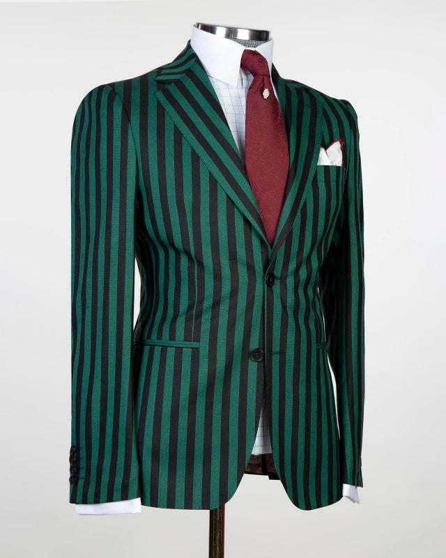 Fashion Dark Green Slim Fit Business Suits With Black Pinstriped