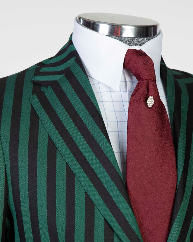 Fashion Dark Green Slim Fit Business Suits With Black Pinstriped