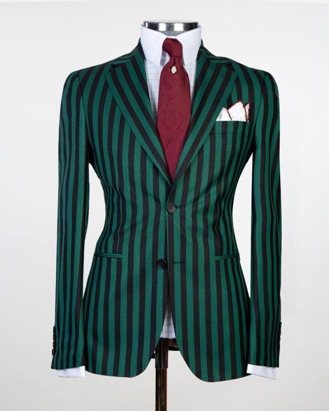 Fashion Dark Green Slim Fit Business Suits With Black Pinstriped