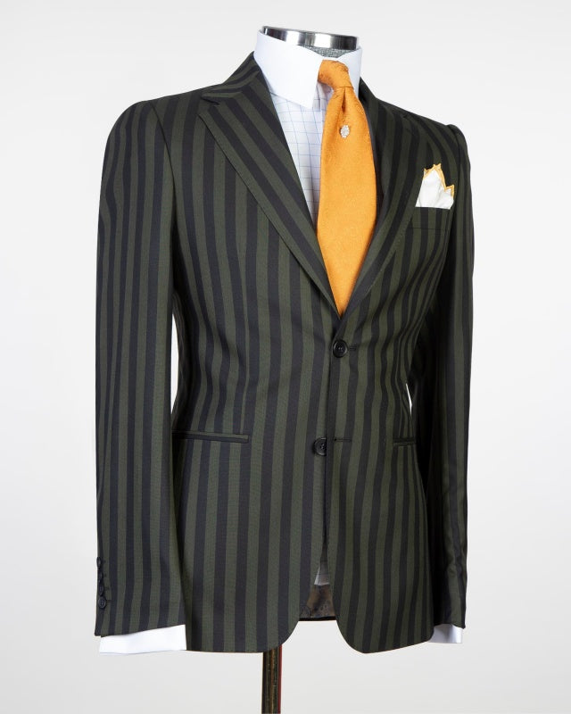 Fancy Teal Pinstriped Notch Lapel Close Fitting Business Suits