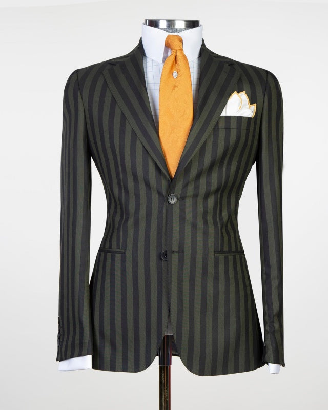 Fancy Teal Pinstriped Notch Lapel Close Fitting Business Suits