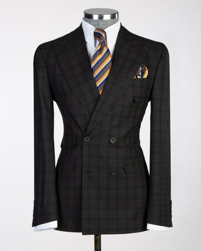 Classic Black Plaid Double Breasted Business Men Suits