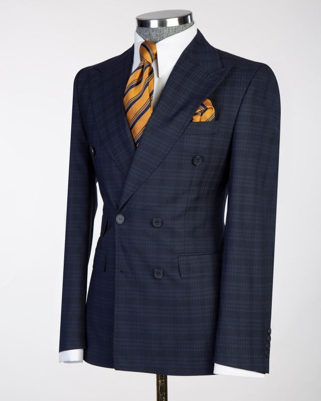 Stylish Dark Navy Double Breasted Plaid Slim Fit Business Suits