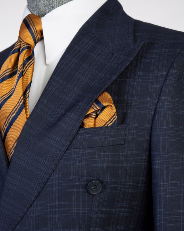Stylish Dark Navy Double Breasted Plaid Slim Fit Business Suits