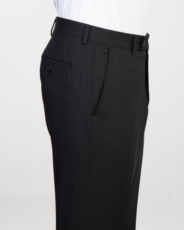Modern Black Pinstriped Notch Lapel Prom Suits With Belt