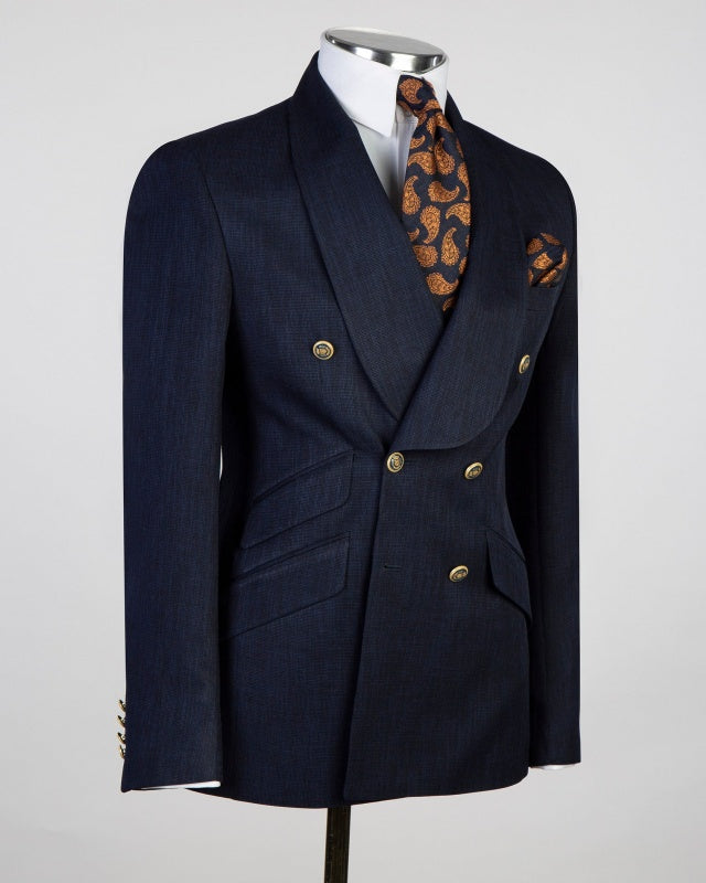 Chic Dark Navy Double Breasted Shawl Lapel Wedding Suits