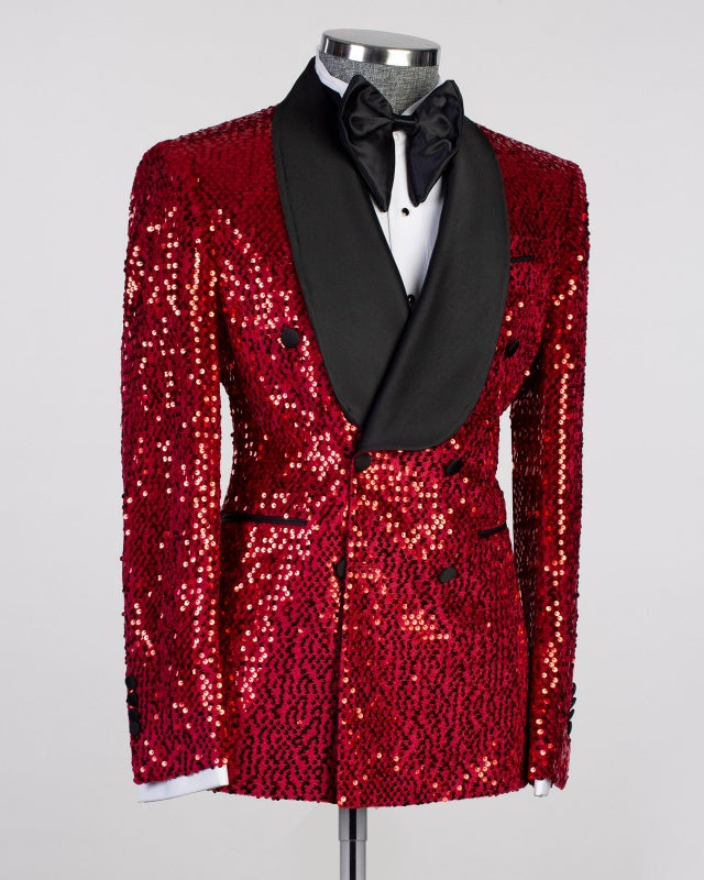 Modern Red Sequins Double Breasted Shawl Lapel Prom Men Suits
