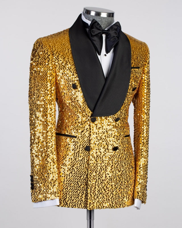 Chic Yellow Sequins Double Breasted Shawl Lapel Prom Suits