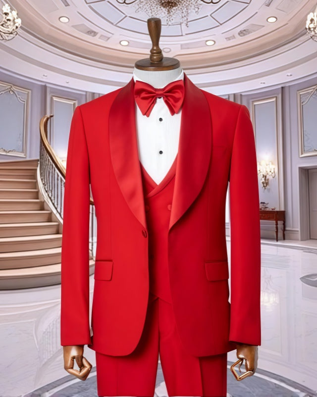 Classic Red Shawl Lapel 3 Pieces Prom Men Suits