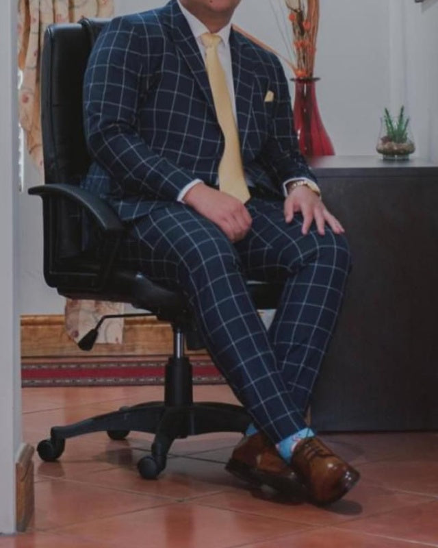 Kevin Dark Navy Notched Lapel Plaid Business Men Suits