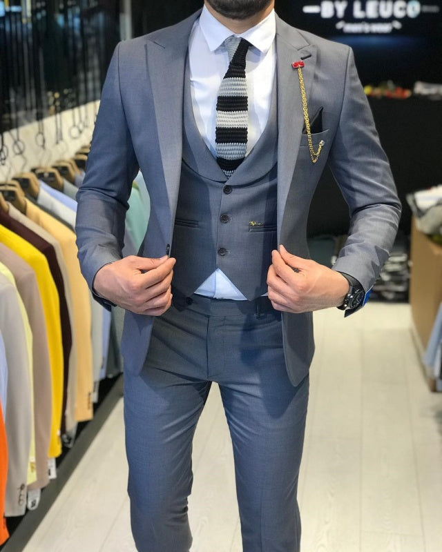 Dempsey Gray Peaked Lapel Three Pieces Business Men Suits