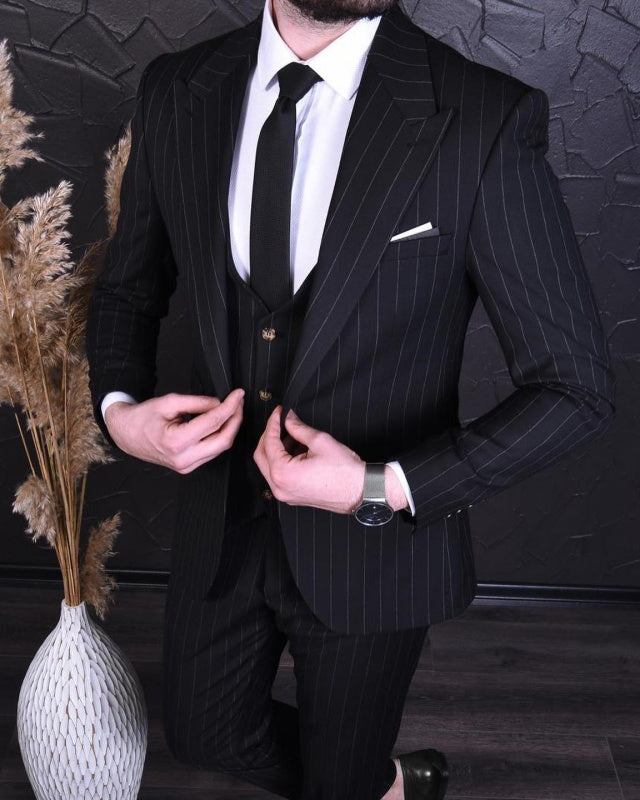 Giles Black Peaked Lapel Striped Three Pieces Business Men Suits