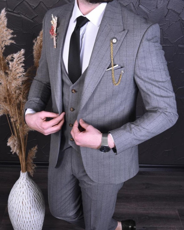 Henson Gray Peaked Lapel Striped Three Pieces Business Men Suits