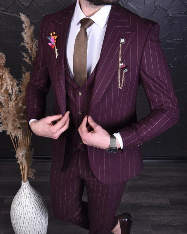 Jo Burgundy Peaked Lapel Striped Three Pieces Business Men Suits