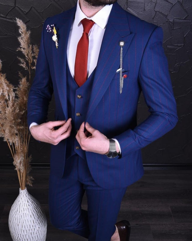 Kyle Dark Blue Peaked Lapel Striped Three Pieces Business Men Suits