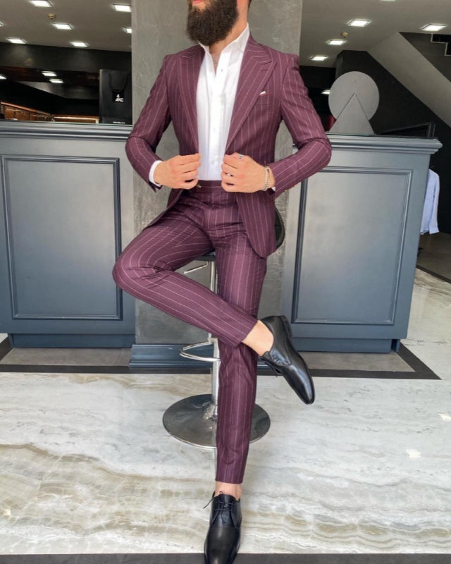 Lou Burgundy Peaked Lapel Striped Business Men Suits