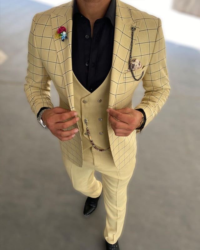 Reginald Daffodil Peaked Lapel Plaid Three Pieces Prom Men Suits