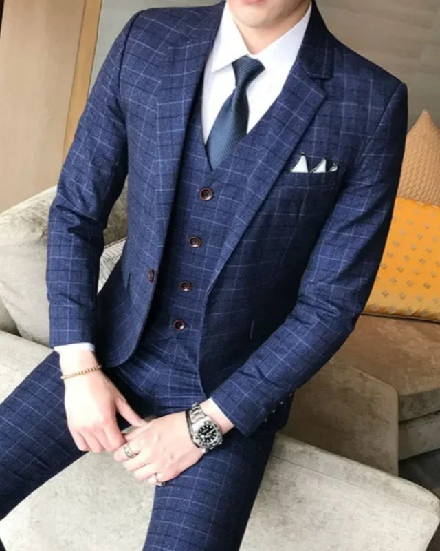 Barry Dark Blue Notched Lapel Three Pieces Plaid Men Suits