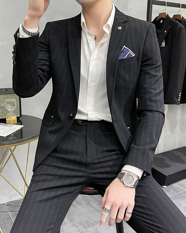 Jay Black Notched Lapel Striped Business Men Suits