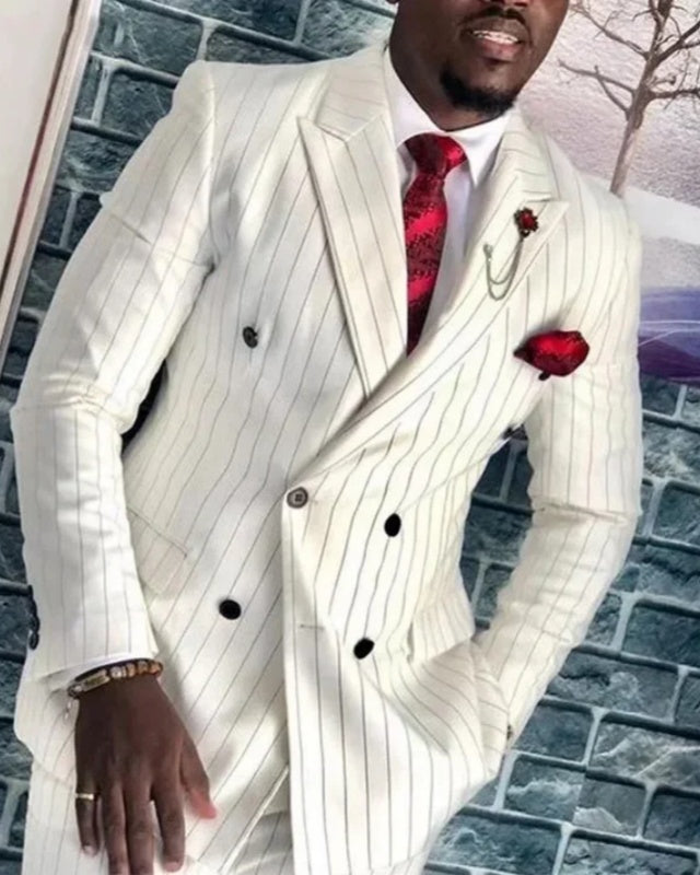 Kerr White Peaked Lapel Double Breasted Striped Men Suits