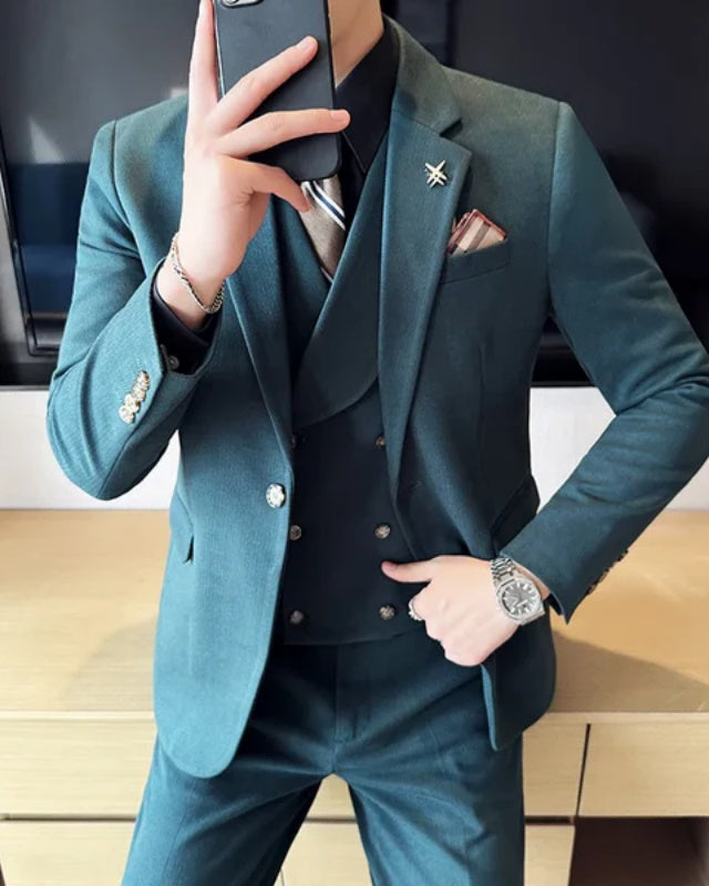 Carroll Teal Notched Lapel Three Pieces Business Men Suits