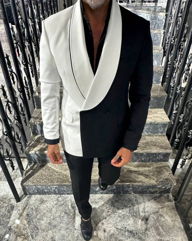 Fancy Black And White Double Breasted Shawl Lapel Prom Suits
