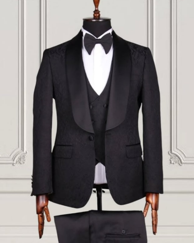 Fashion Black Jacquard 3 Pieces Wedding Men Suits