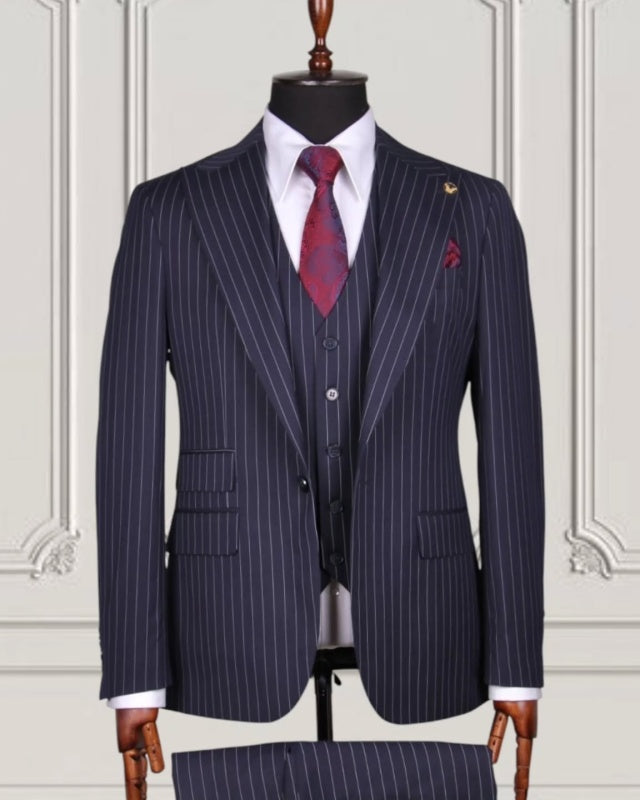 Stylish Navy Blue 3 Pieces Pinstriped Men's Business Suits