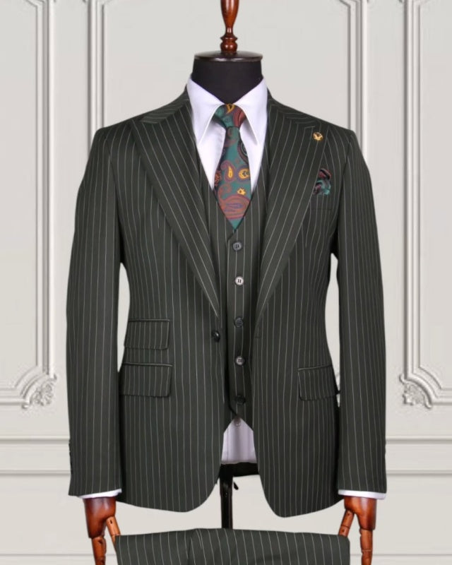 Glamorous Dark Sage Three Pieces Pinstriped Business Men Suits