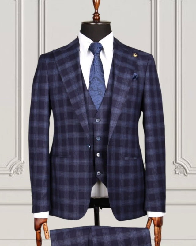 Stylish Dark Blue Plaid 3 Pieces Formal Suits For Men