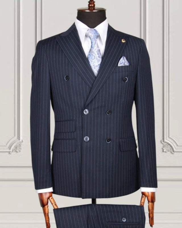Modern Dark Navy Pinstriped Double Breasted Business Men Suits