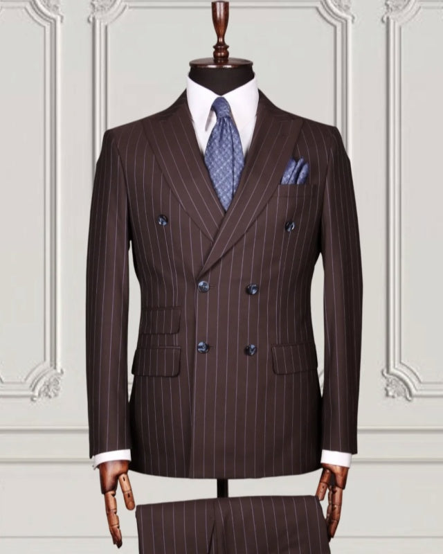 Classic Dark Brown Double Breasted Pinstriped Business Suits