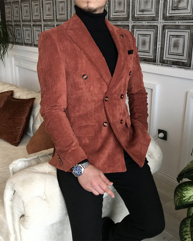 Fashion Corduroy Double Breasted Peaked Lapel Prom Men Suit