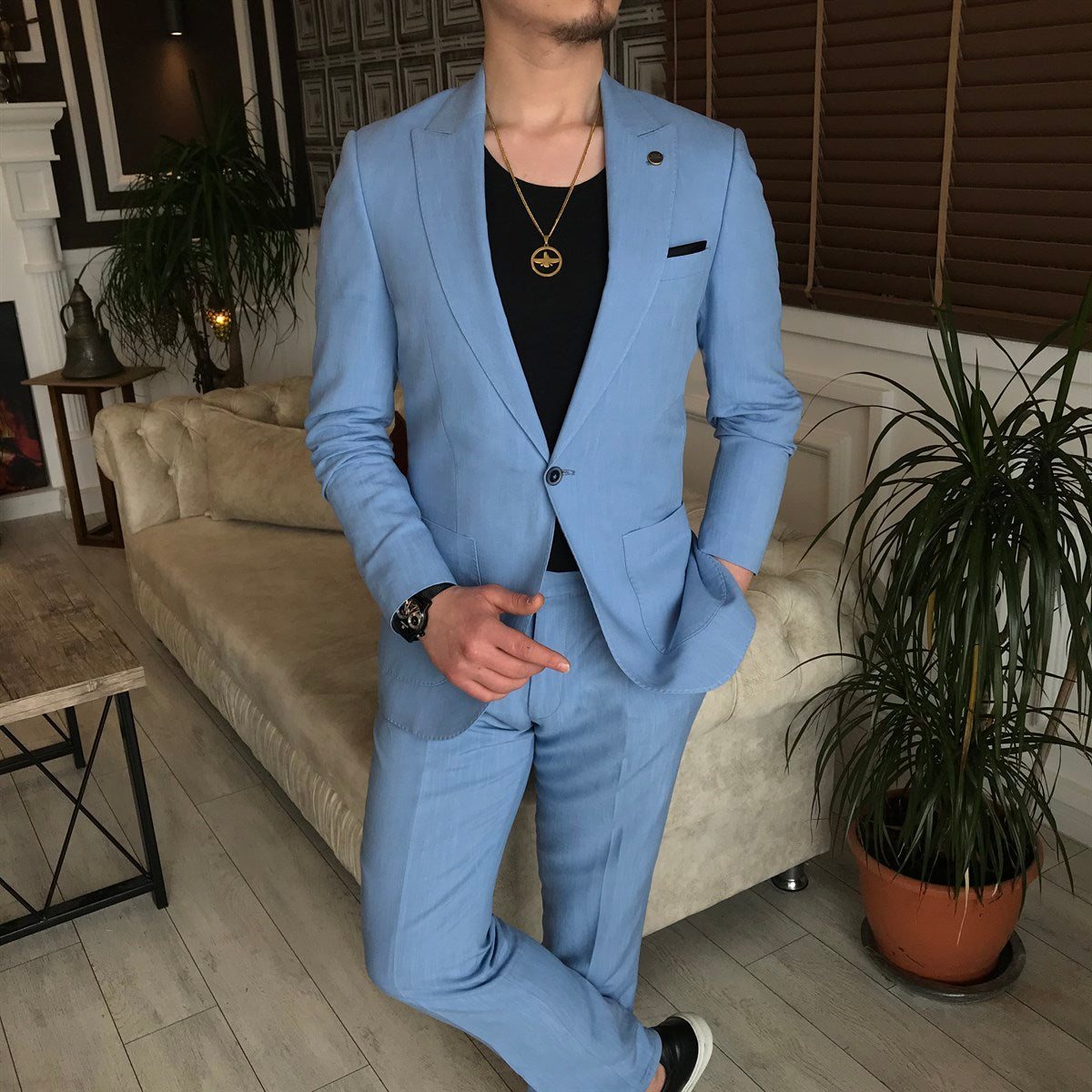 Classic Ocean Blue One Button Peaked Lapel Prom Men Suit