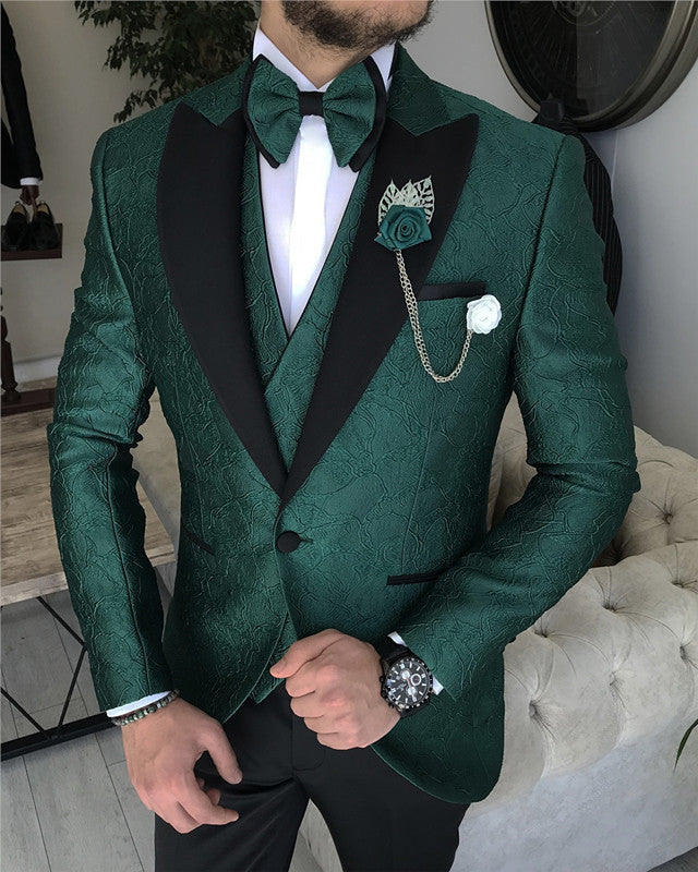 Dark Green Jacquard Three Pieces Peaked Lapel Prom Men Suit