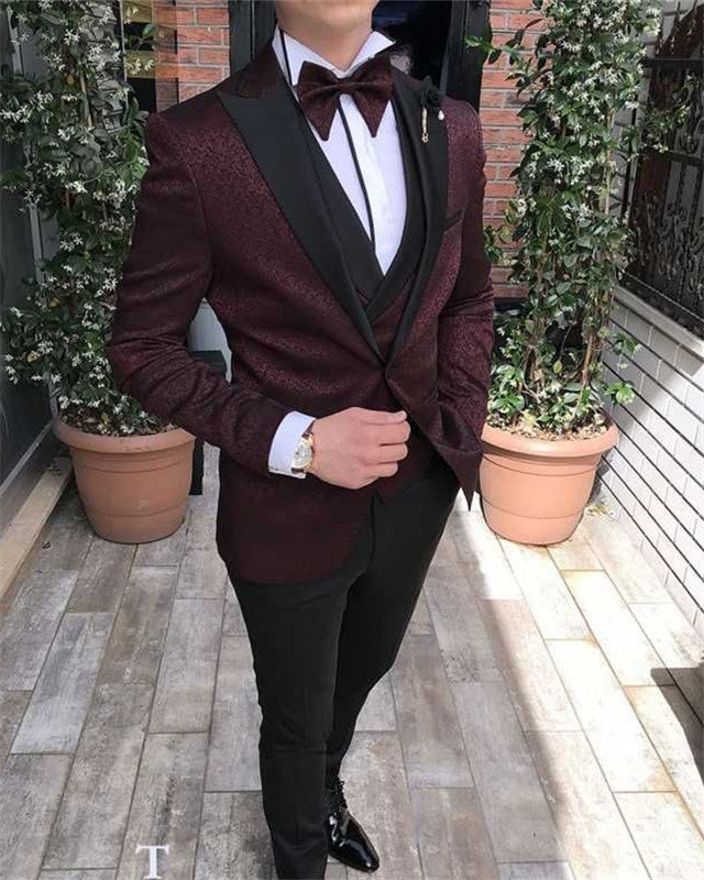 Ethan Burgundy Jacquard Three Pieces Stylish Prom Suits